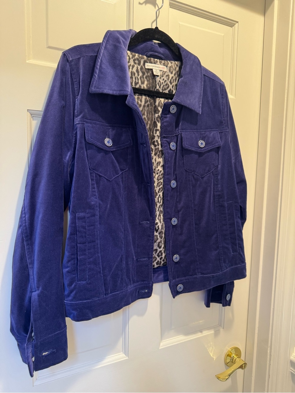 Isaac Mizrahi deep purple/blue Velvet Jean Jacket with Leopard Lining